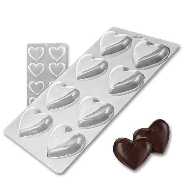 Plastic chocolate mould Convex hearts 8 pcs, C-00036