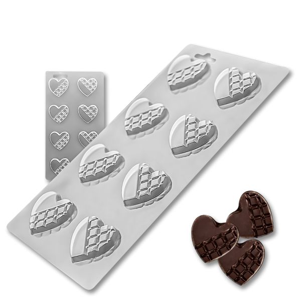 Plastic chocolate mould Half-checkered hearts mini size, C-00042