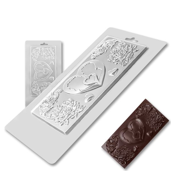Plastic chocolate mould Chocolate bar - Heart with roses, C-00055