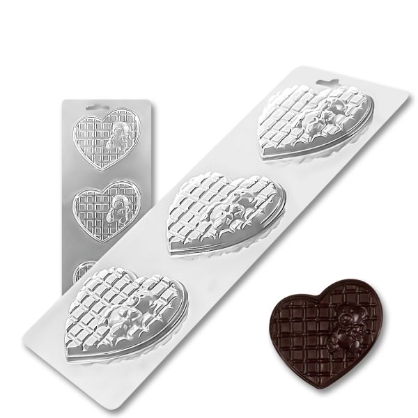 Plastic chocolate mould Bear on a checkered heart 3 pcs, D-00007