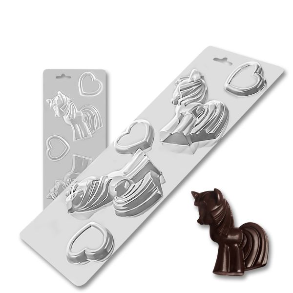 Plastic chocolate mould Pony-unicorn with hearts, D-00020