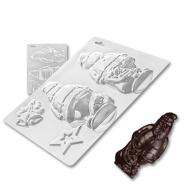 Plastic chocolate mould Santa Claus with a star and jingle bells, E-00003